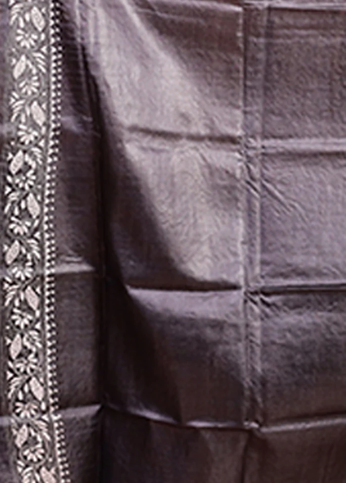 Brown Handloom Kantha Stitch Pure Silk Saree With Blouse Piece - Image 5