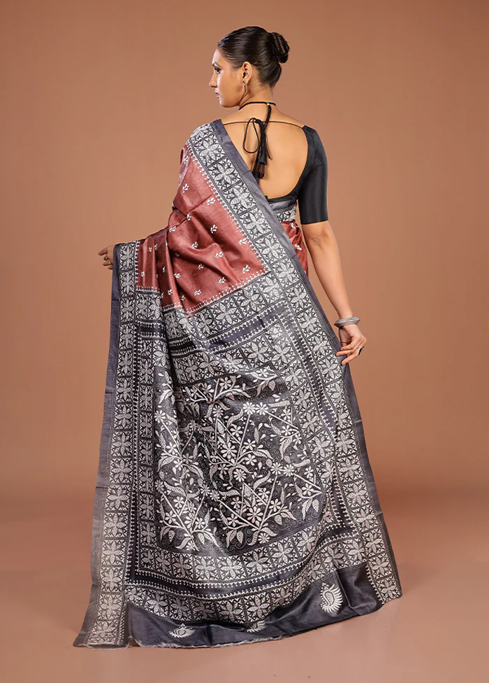 Brown Handloom Kantha Stitch Pure Silk Saree With Blouse Piece - Image 3