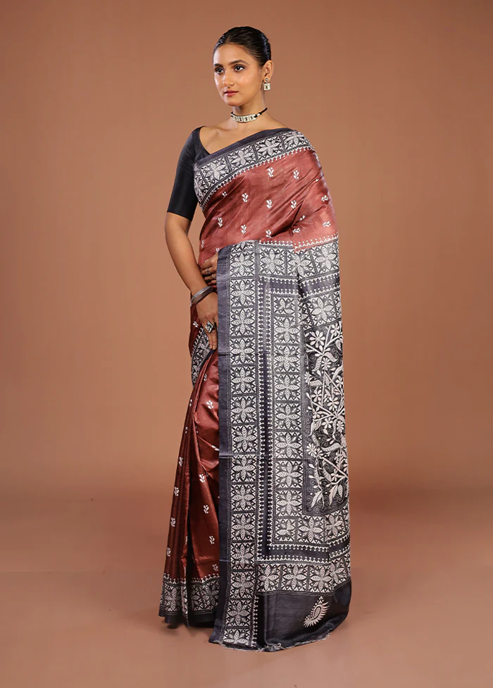 Brown Handloom Kantha Stitch Pure Silk Saree With Blouse Piece - Image 4