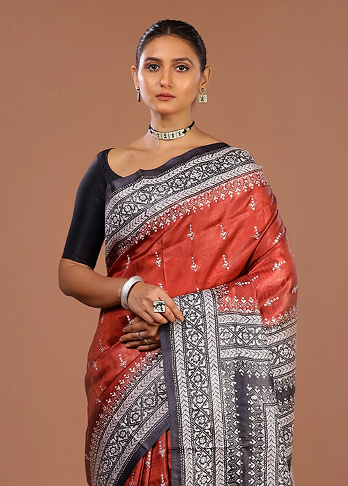 Brown Handloom Kantha Stitch Pure Silk Saree With Blouse Piece