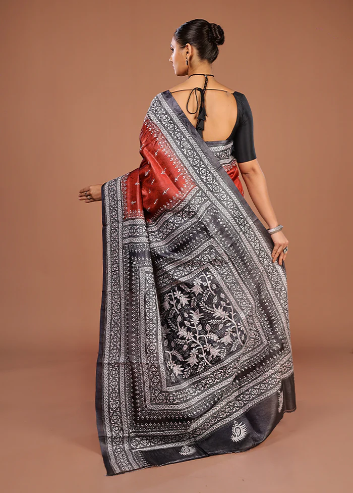 Brown Handloom Kantha Stitch Pure Silk Saree With Blouse Piece - Image 3