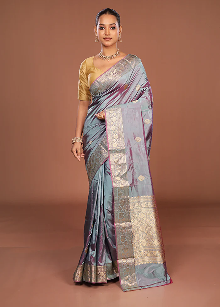 Grey Handloom Katan Pure Silk Saree With Blouse Piece - Image 2