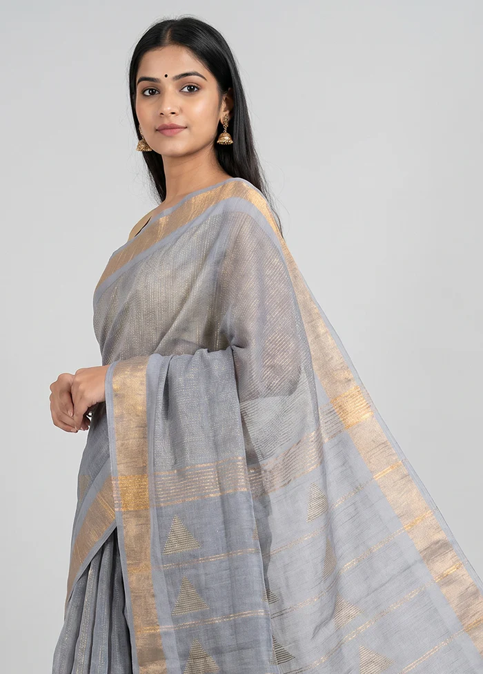 Grey Handloom Linen Pure Silk Saree With Blouse Piece - Image 2
