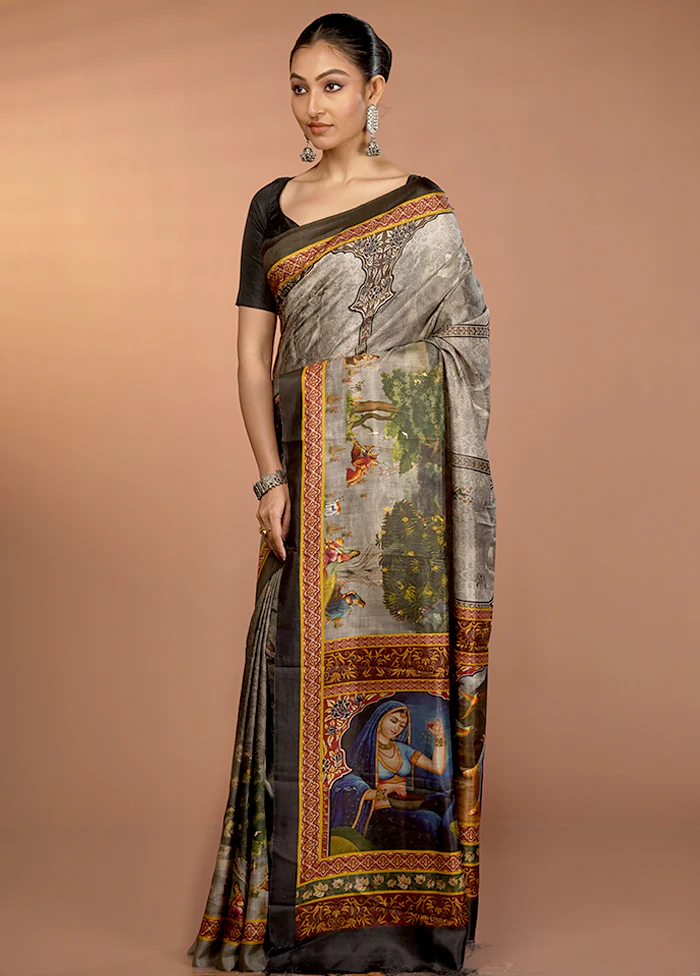 Grey Bishnupuri Pure Silk Saree Without Blouse Piece - Image 4