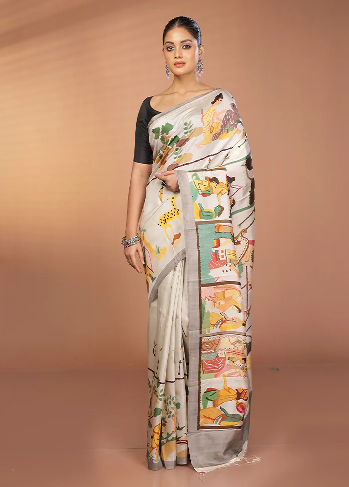 Grey Handloom Printed Pure Silk Saree Without Blouse Piece - Image 2