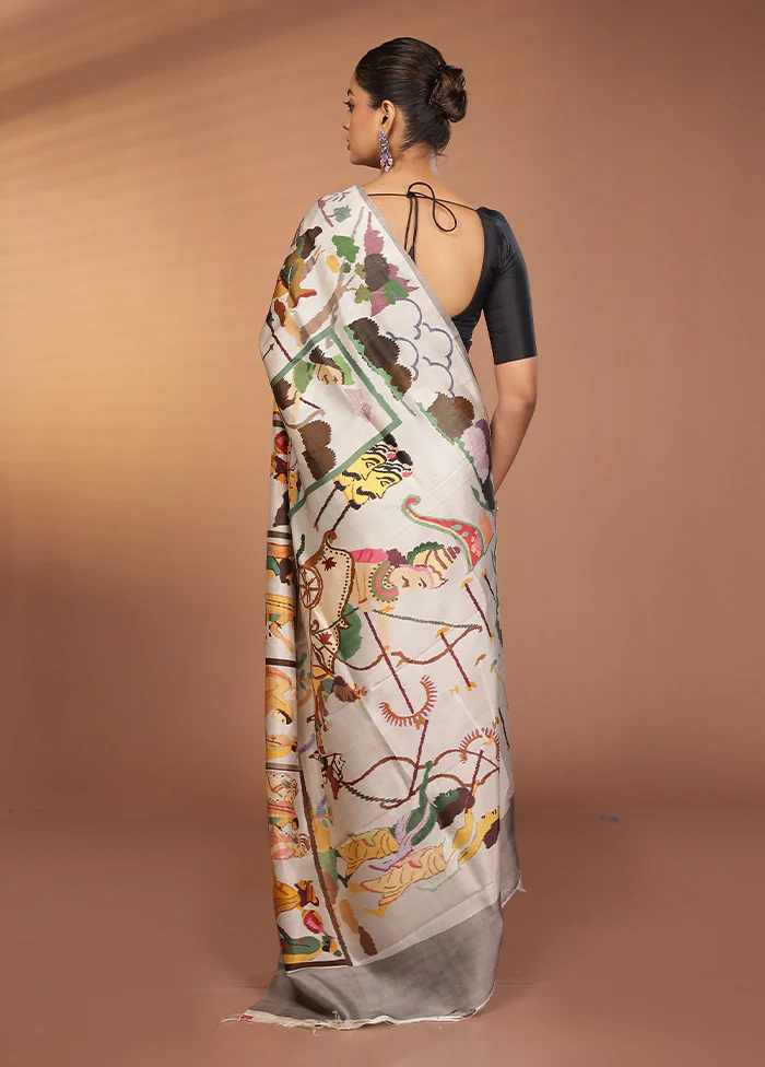 Grey Handloom Printed Pure Silk Saree Without Blouse Piece - Image 3