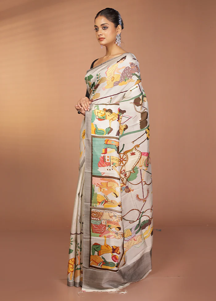 Grey Handloom Printed Pure Silk Saree Without Blouse Piece - Image 4