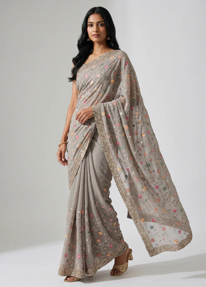 Grey Handloom Pure Georgette Saree With Blouse Piece
