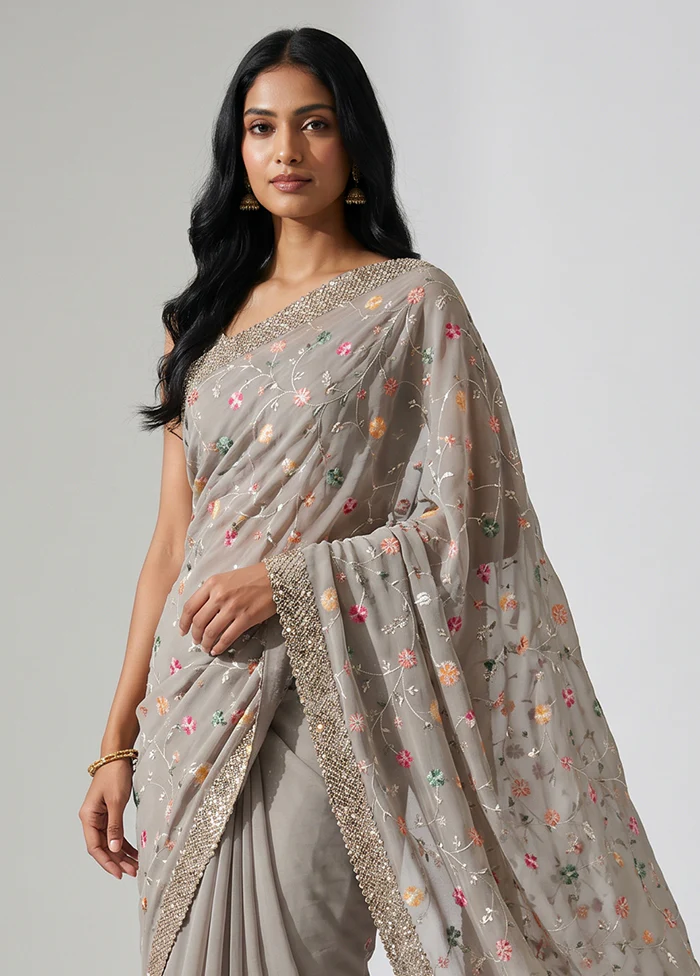 Grey Handloom Pure Georgette Saree With Blouse Piece - Image 2