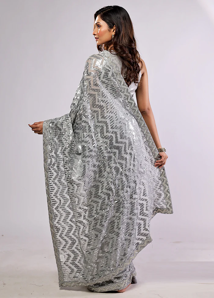 Grey Handloom Pure Georgette Saree With Blouse Piece - Image 4