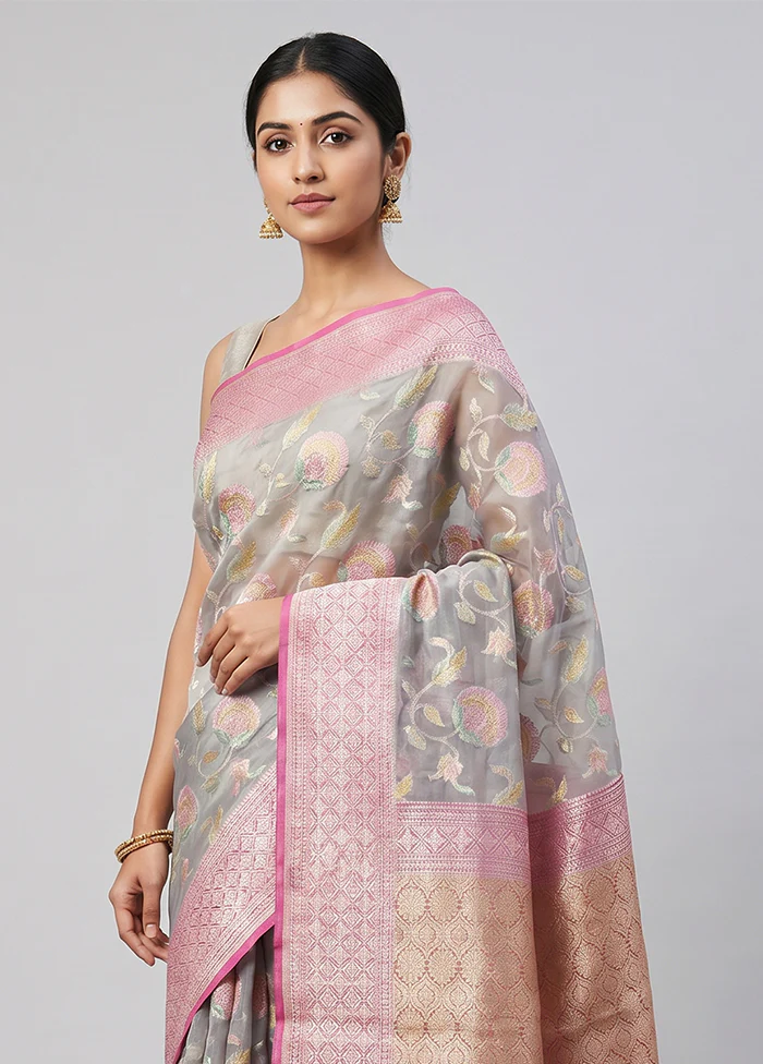 Grey Handloom Pure Organza Saree With Blouse Piece - Image 2