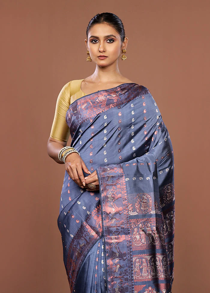 Grey Handloom Swarnachuri Pure Silk Saree With Blouse Piece