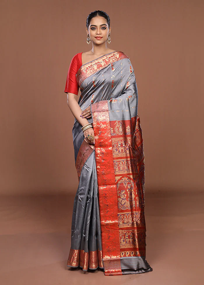Grey Handloom Swarnachuri Pure Silk Saree With Blouse Piece - Image 2