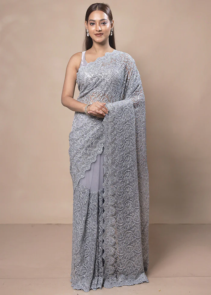 Grey Handloom Tissue Pure Silk Saree With Blouse Piece - Image 2
