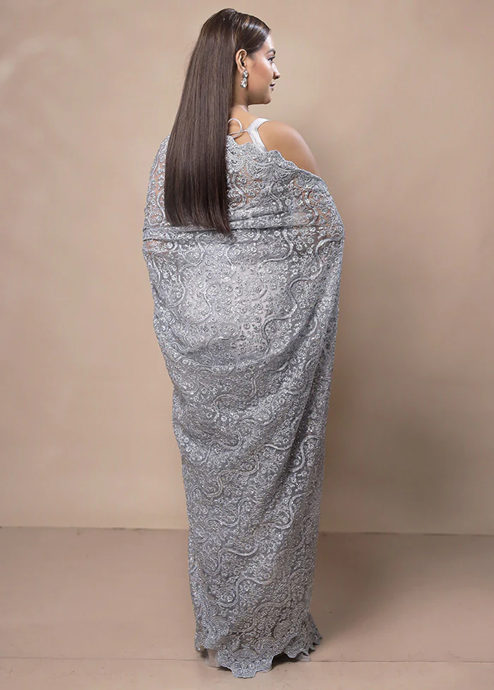 Grey Handloom Tissue Pure Silk Saree With Blouse Piece - Image 3
