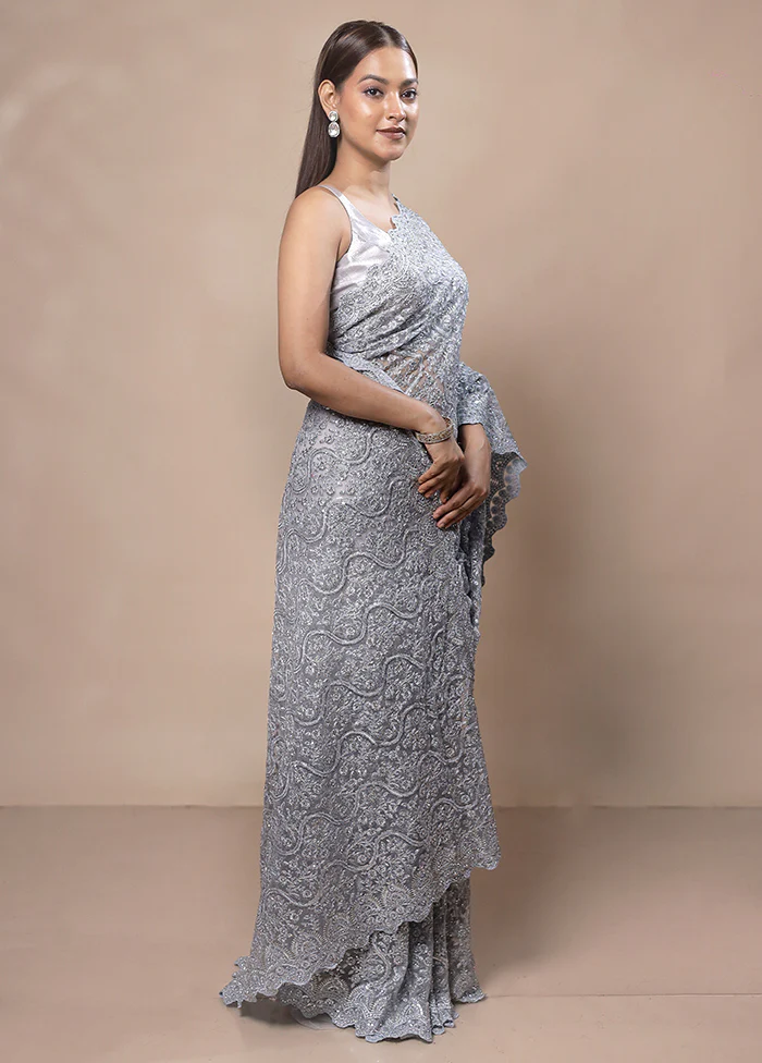 Grey Handloom Tissue Pure Silk Saree With Blouse Piece - Image 4