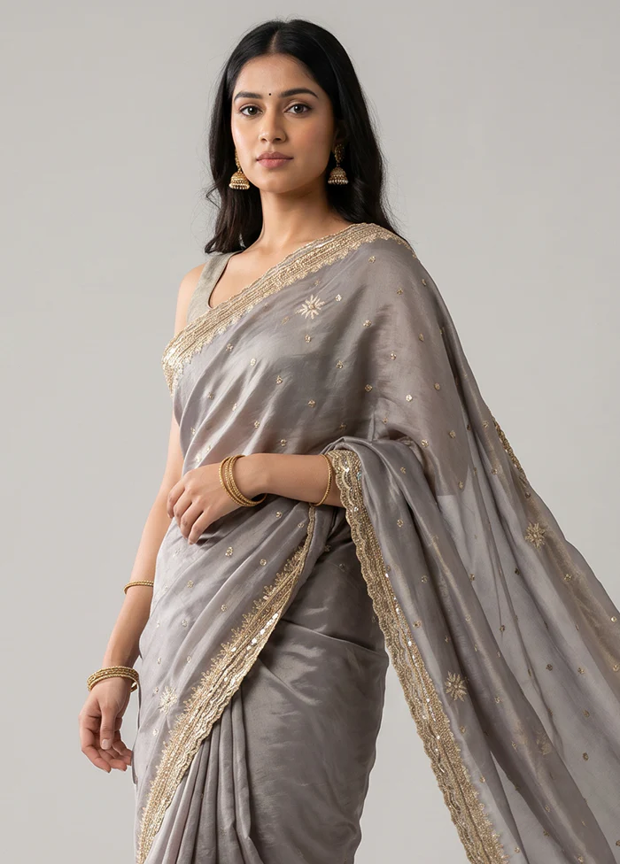 Grey Handloom Tissue Pure Silk Saree With Blouse Piece - Image 2