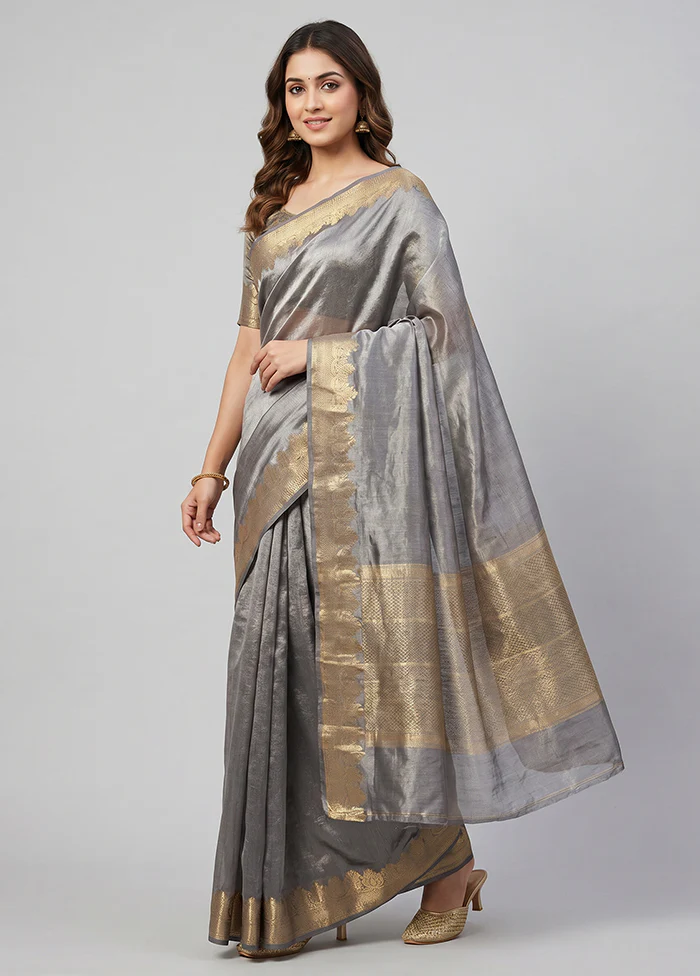 Grey Handloom Tissue Pure Silk Saree With Blouse Piece