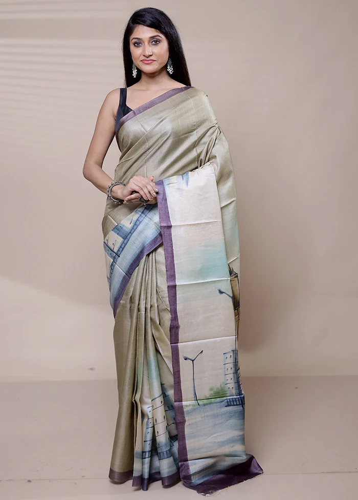 Grey Handloom Tussar Pure Silk Saree With Blouse Piece - Image 2