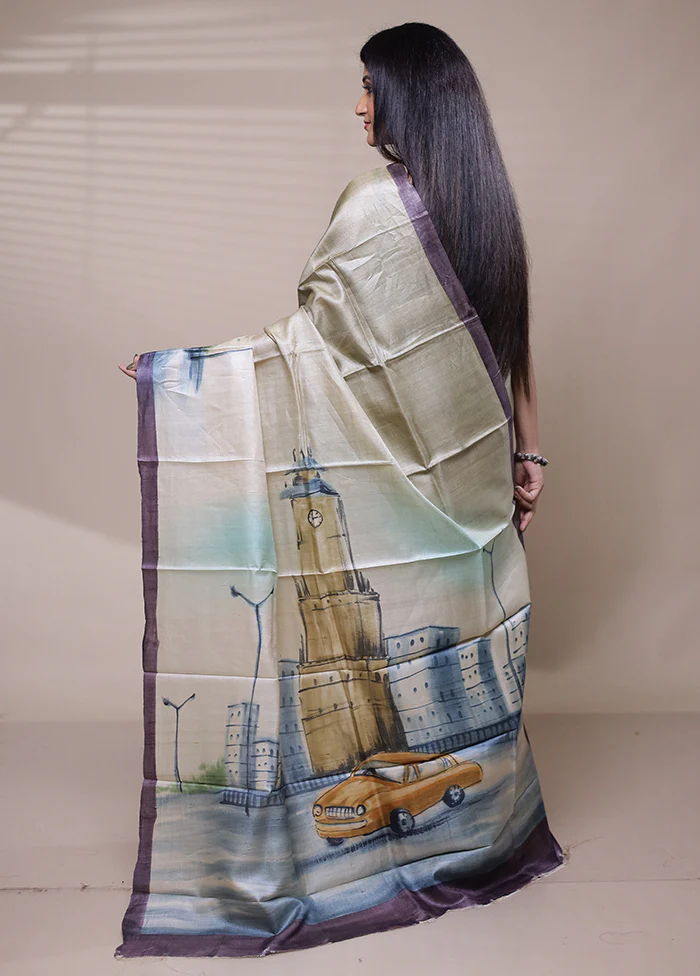 Grey Handloom Tussar Pure Silk Saree With Blouse Piece - Image 3