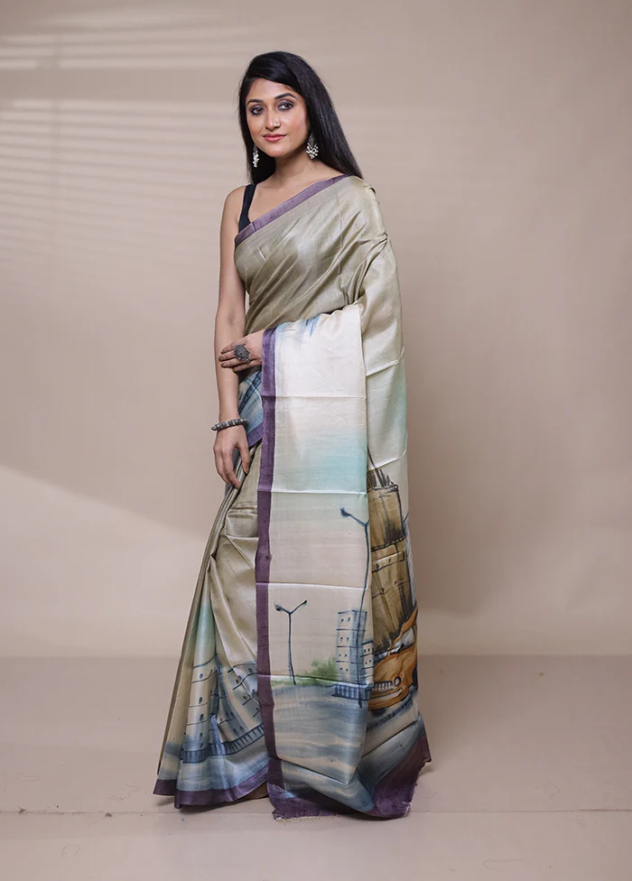 Grey Handloom Tussar Pure Silk Saree With Blouse Piece - Image 4