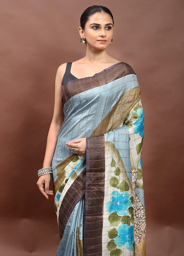 Grey Handloom Tussar Pure Silk Saree With Blouse Piece - Image 2