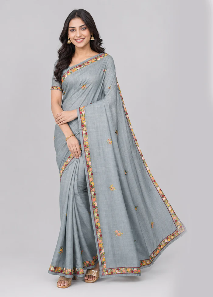 Grey Handloom Tussar Pure Silk Saree With Blouse Piece