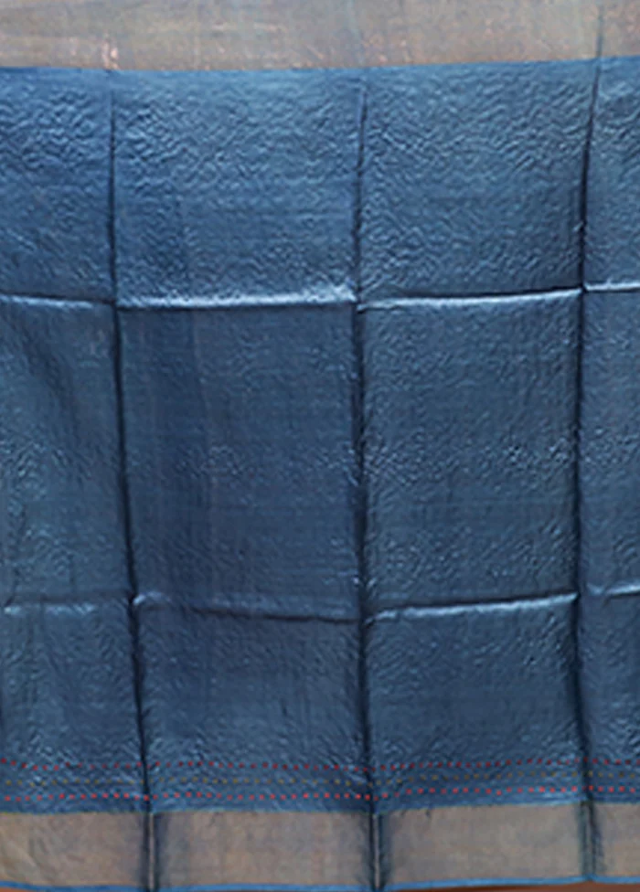Blue Handloom Tussar Pure Silk Saree With Blouse Piece - Image 5