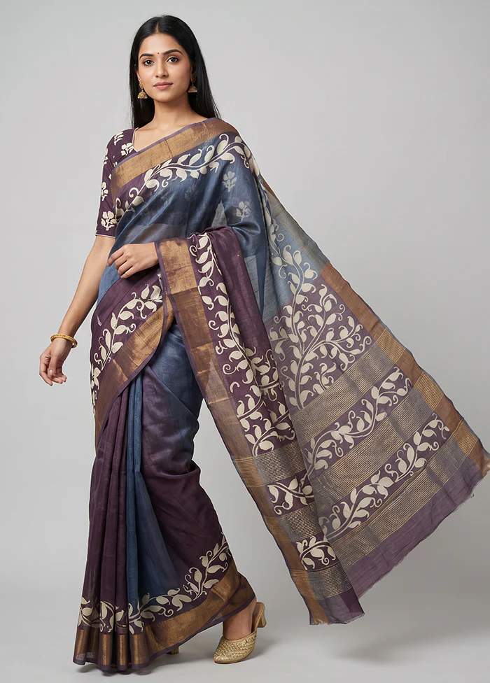 Grey Handloom Tussar Pure Silk Saree With Blouse Piece