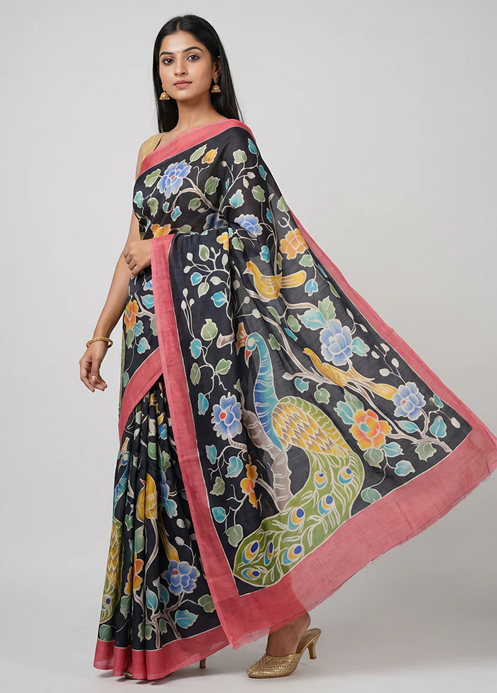 Grey Handloom Tussar Pure Silk Saree With Blouse Piece