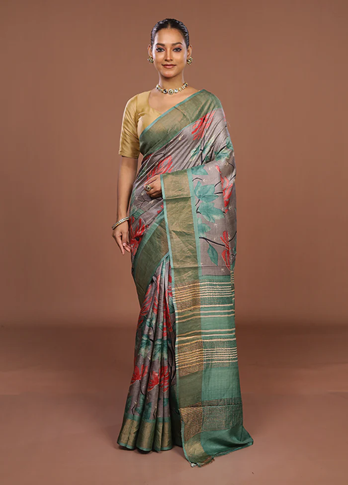 Grey Handloom Tussar Silk Saree With Blouse Piece - Image 2