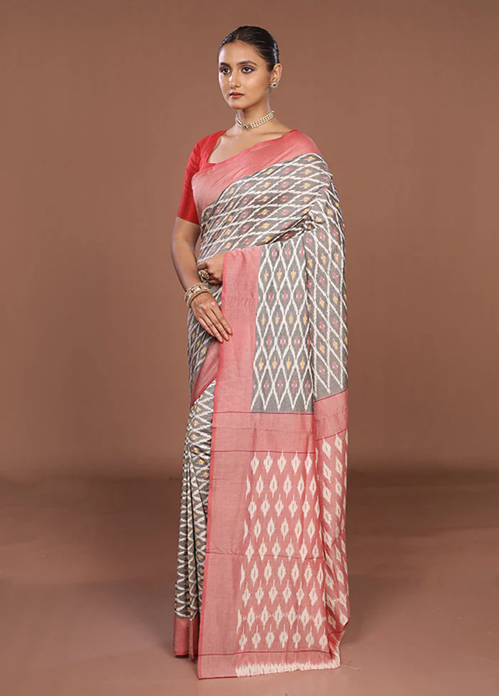 Grey Ikkat Cotton Saree Without Blouse Piece - Image 4