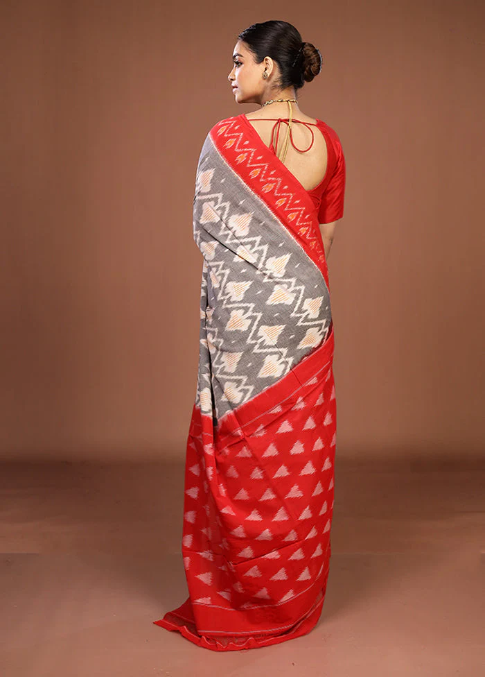 Grey Ikkat Cotton Saree Without Blouse Piece - Image 3
