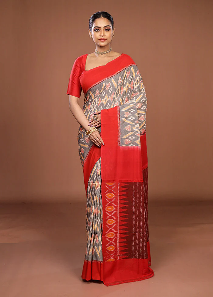 Grey Ikkat Cotton Saree With Blouse Piece - Image 2