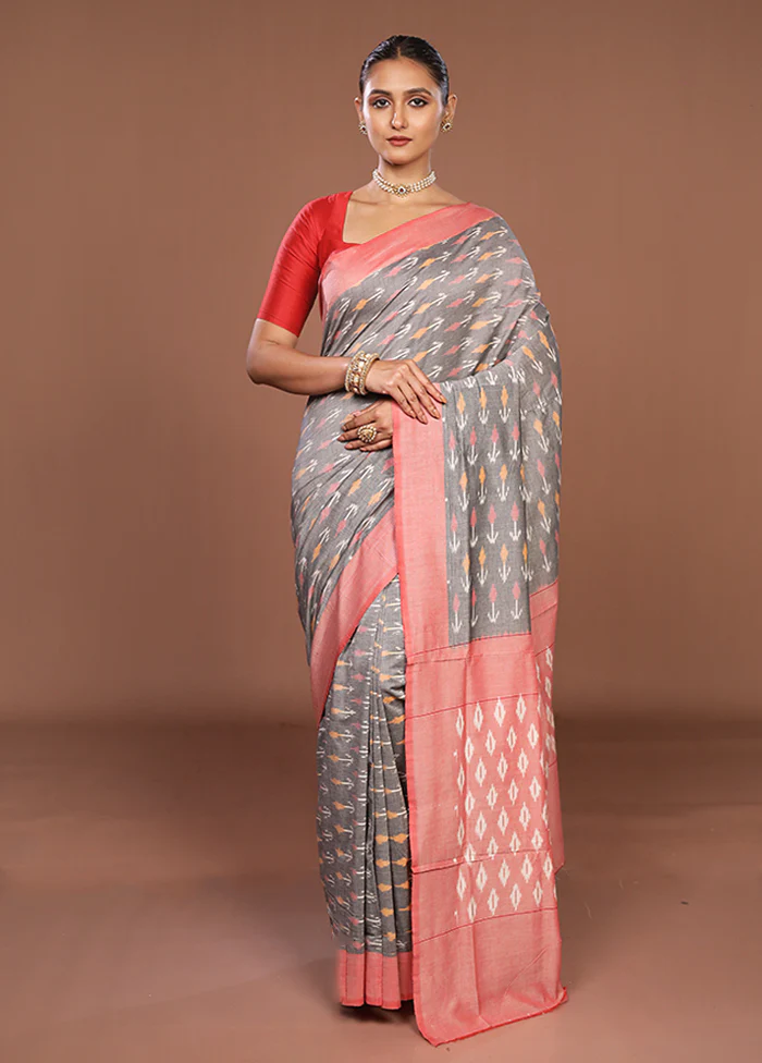 Grey Ikkat Silk Saree With Blouse Piece - Image 2