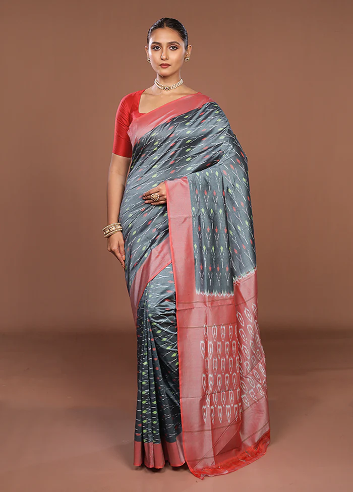 Grey Ikkat Silk Saree With Blouse Piece - Image 2