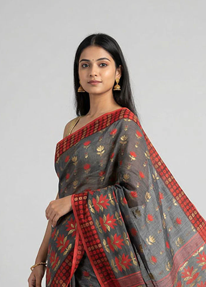 Grey Jamdani Cotton Saree Without Blouse Piece - Image 2