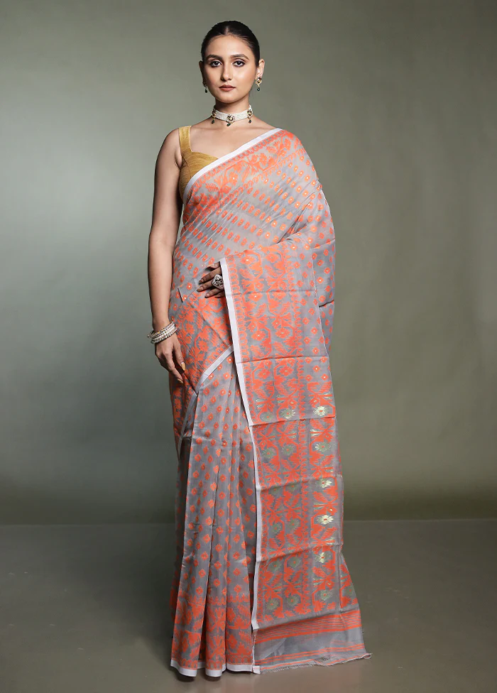 Grey Tant Jamdani Saree Without Blouse Piece - Image 2