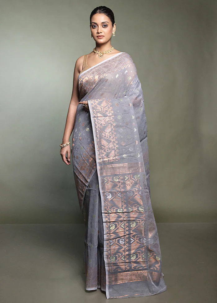Grey Tant Jamdani Saree Without Blouse Piece - Image 2