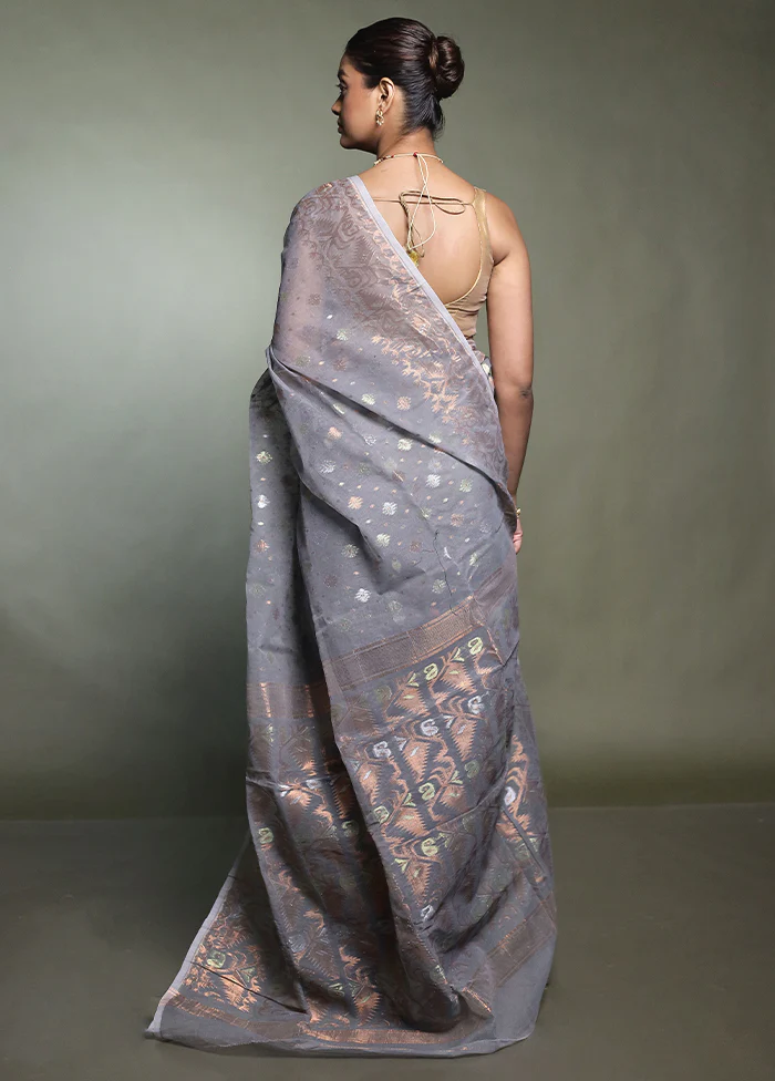 Grey Tant Jamdani Saree Without Blouse Piece - Image 3