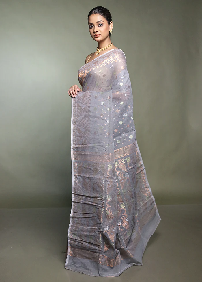 Grey Tant Jamdani Saree Without Blouse Piece - Image 4