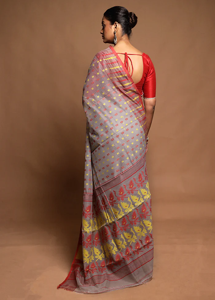 Grey Tant Jamdani Saree Without Blouse Piece - Image 3