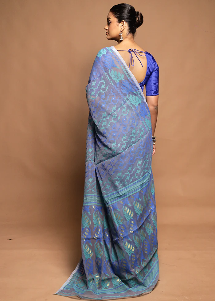 Blue Tant Jamdani Saree Without Blouse Piece - Image 3