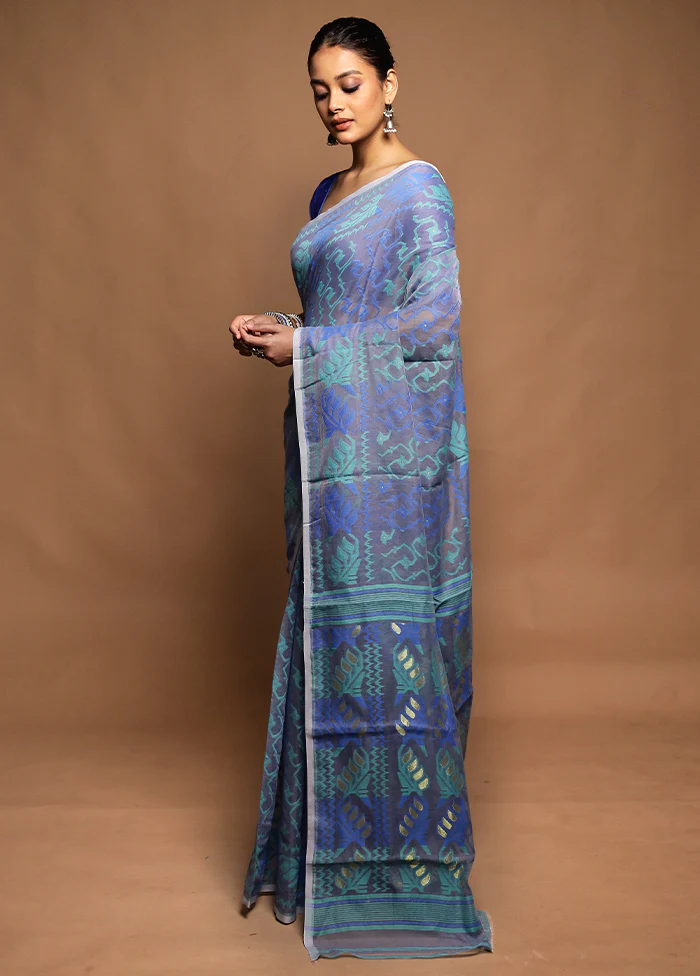 Blue Tant Jamdani Saree Without Blouse Piece - Image 4