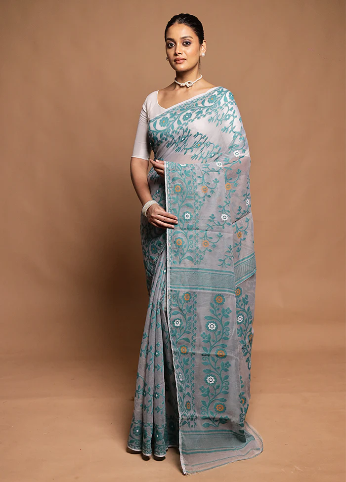 Grey Tant Jamdani Saree Without Blouse Piece