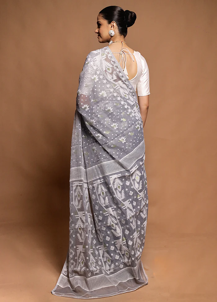 Grey Tant Jamdani Saree Without Blouse Piece - Image 3