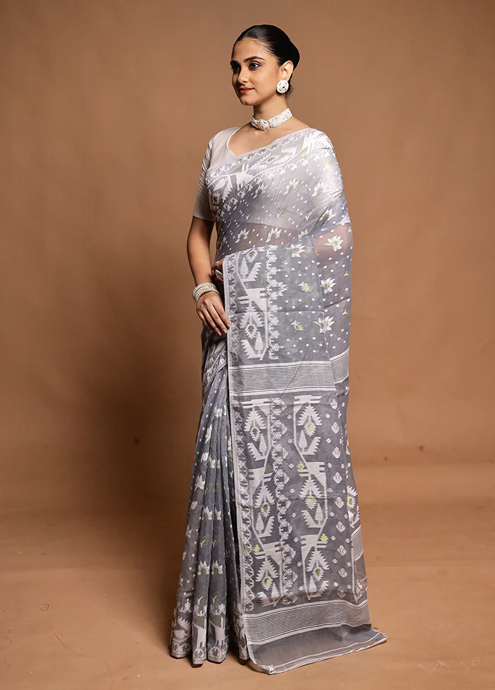 Grey Tant Jamdani Saree Without Blouse Piece - Image 4