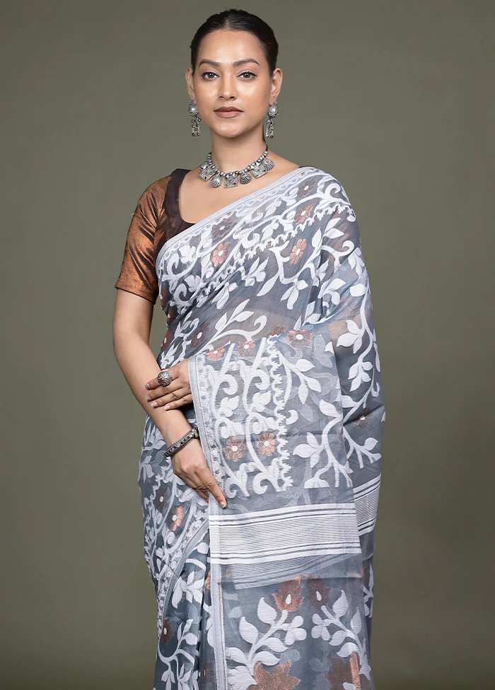 Grey Tant Jamdani Saree Without Blouse Piece