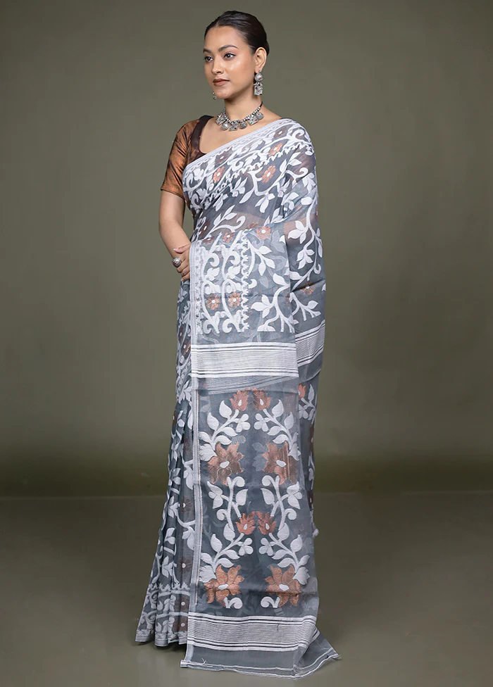 Grey Tant Jamdani Saree Without Blouse Piece - Image 4