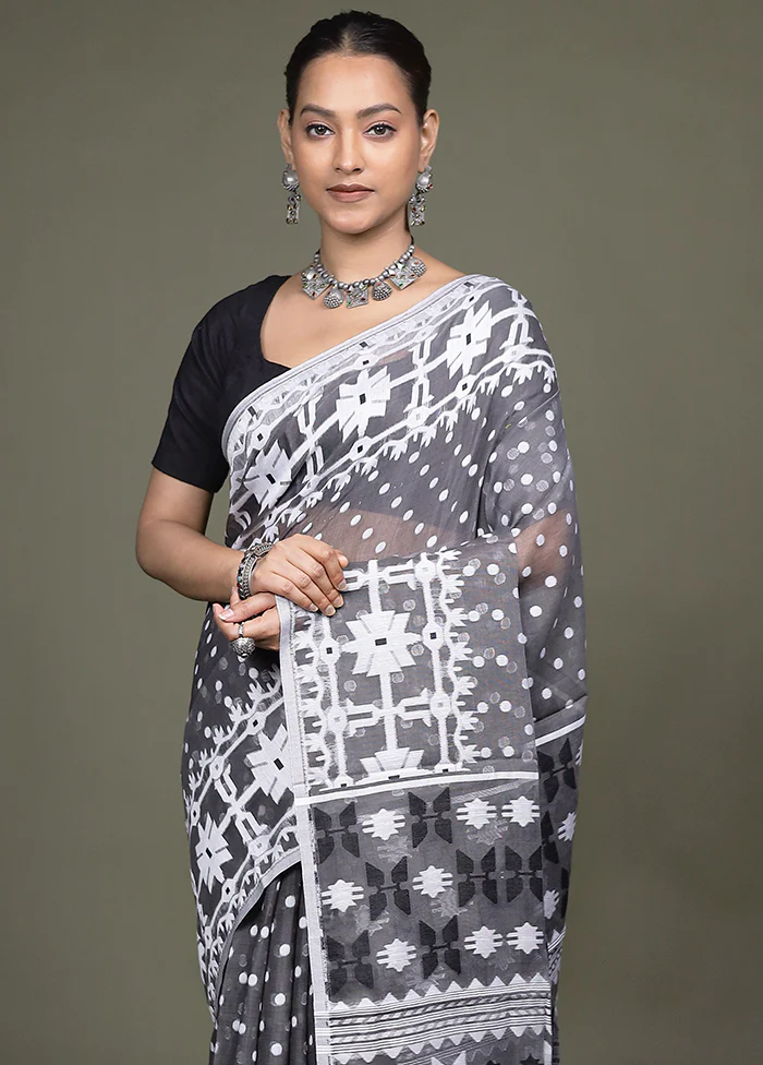 Grey Tant Jamdani Saree Without Blouse Piece
